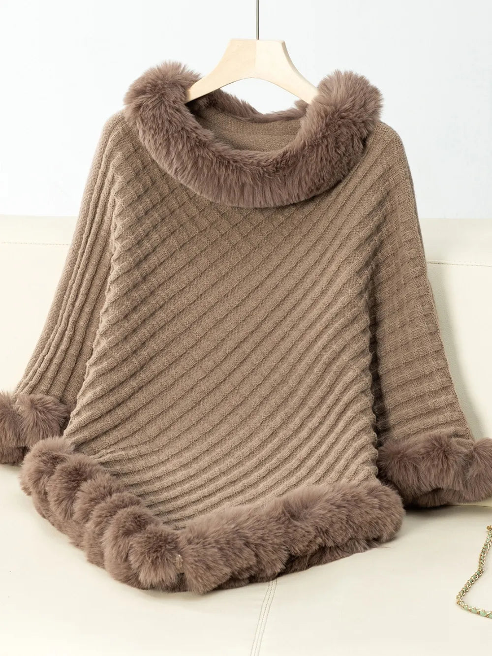 Fuzzy Trim Texture Three-Quarter Sleeve Poncho - Camel
