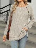 Round Neck Side Slit Ribbed Knit Top with Asymmetric Button Detail - Oatmeal
