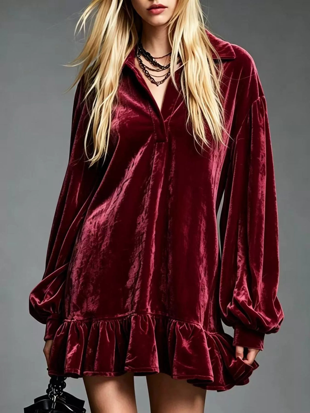 Full Size Velvet Long-Sleeve Ruffle Hem Mini Dress Plus Size - Burgundy