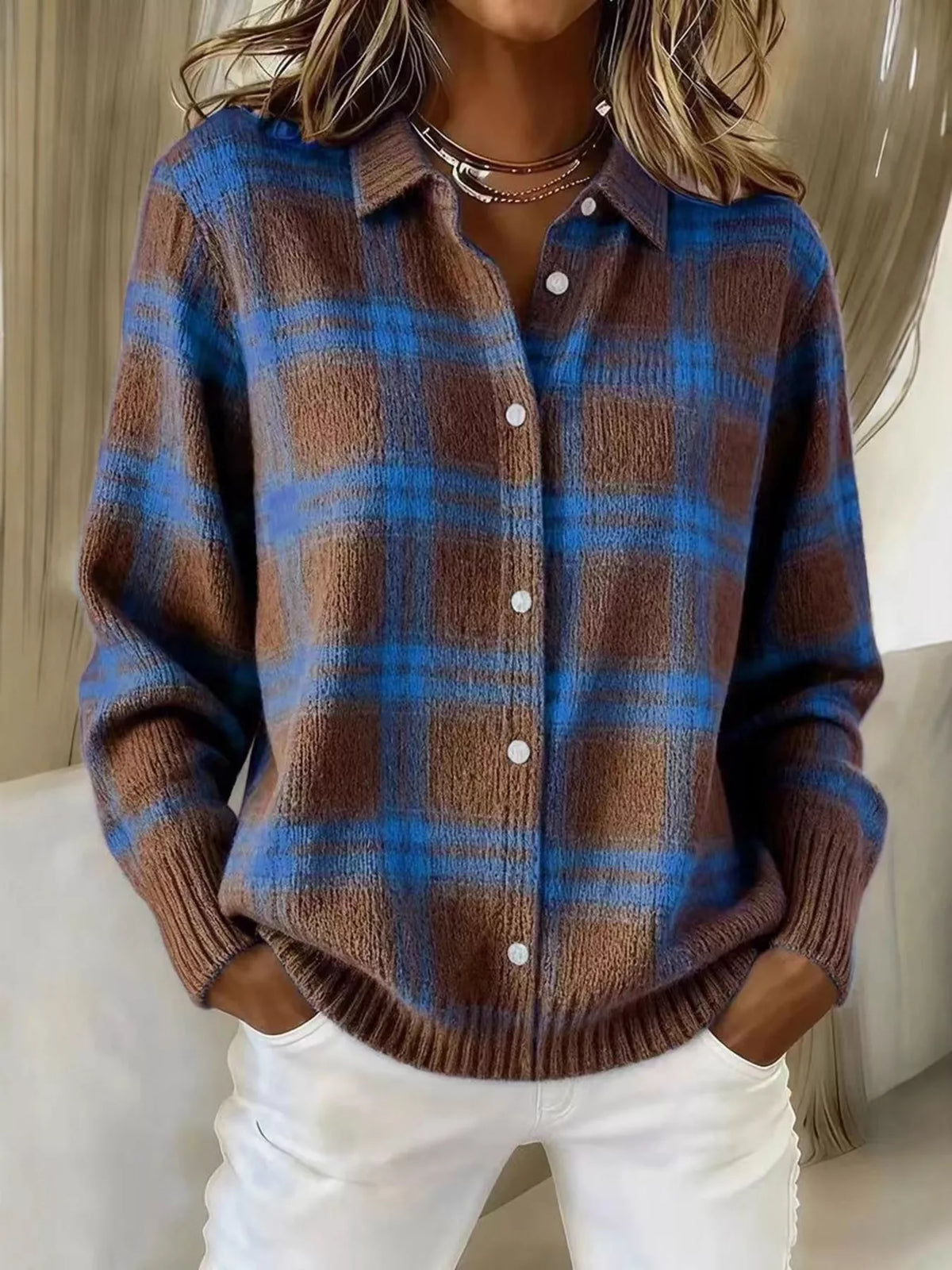 Full Size Plaid Button-Down Knit Cardigan Plus Size - Dark Brown