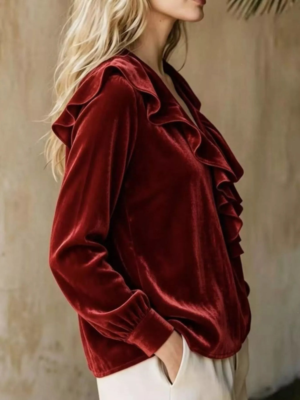 Full Size Velvet Ruffle V-Neck Blouse Plus Size