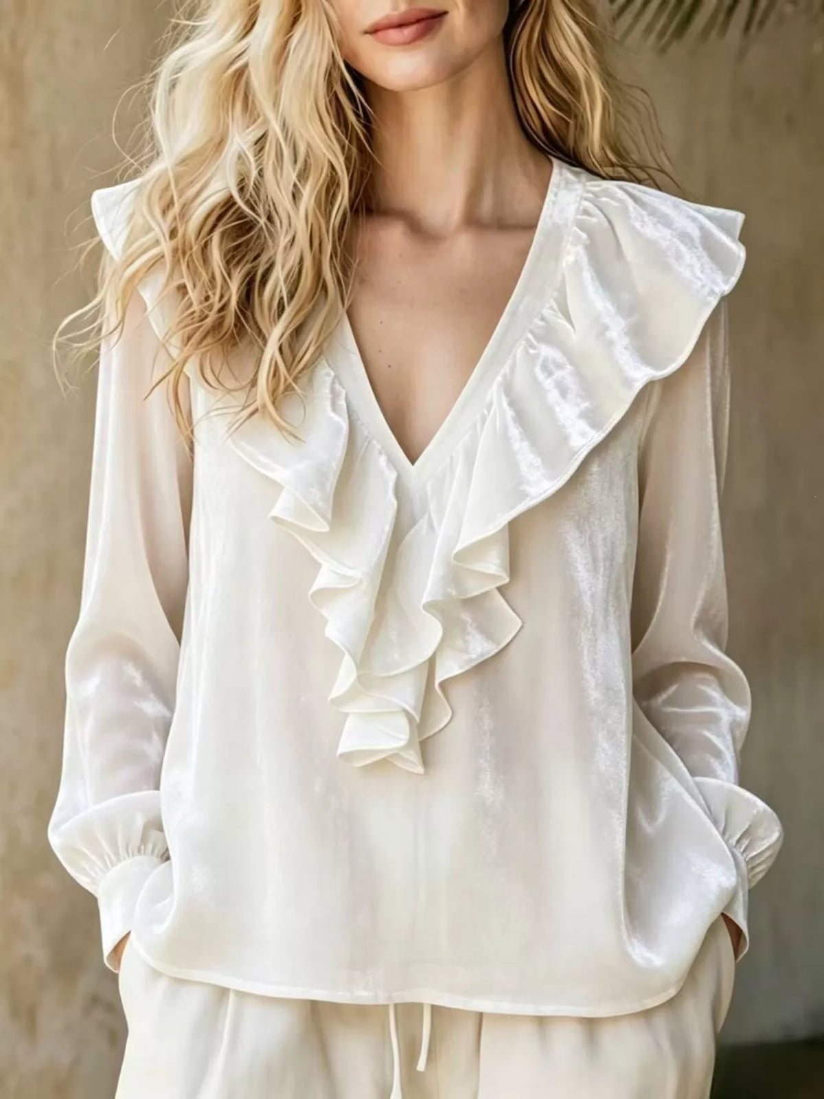 Full Size Velvet Ruffle V-Neck Blouse Plus Size - White