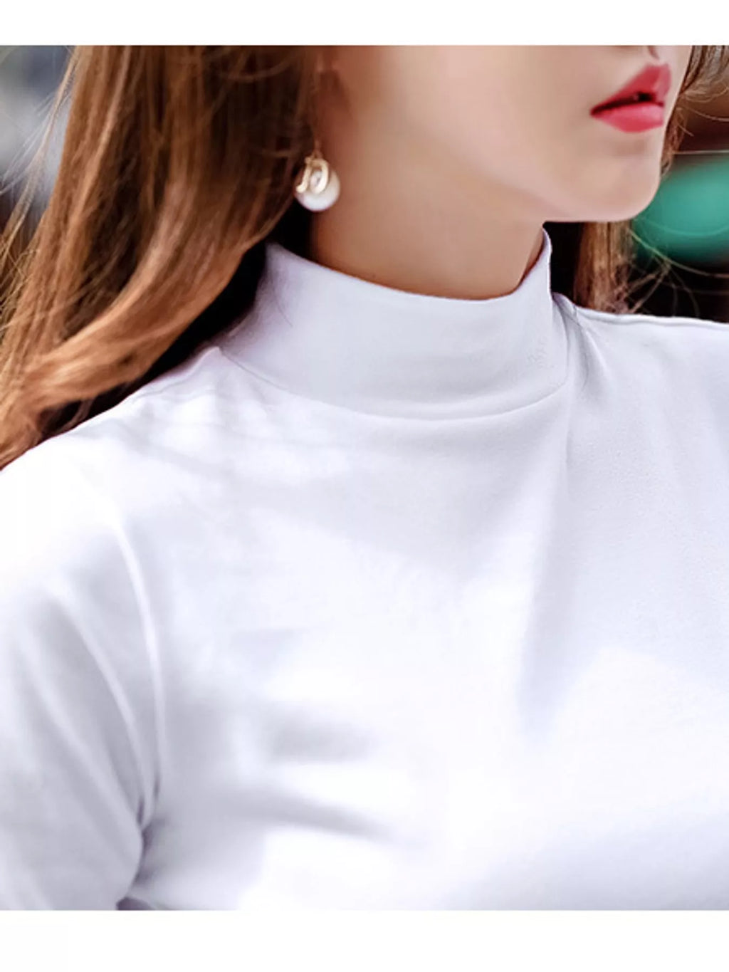 Full Size Slim-Fit Mock Neck Long Sleeve Basic T-Shirt Plus Size - White