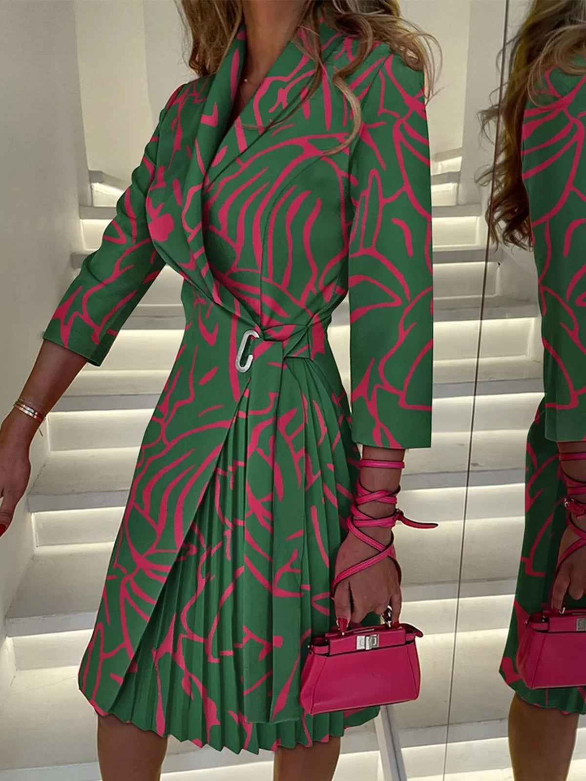 Blazer Style Pleated Midi Dress - Dark Green