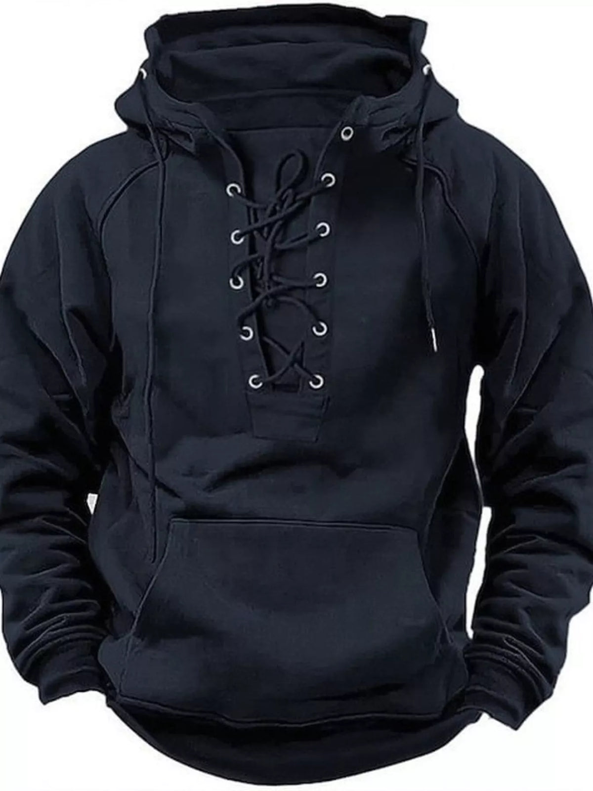 Men's Full Size Lace Up Front Raglan Sleeve Hoodie Plus Size - Black