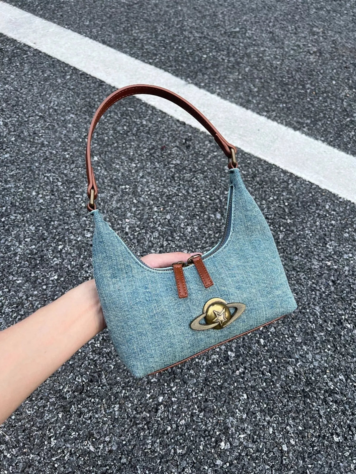 Denim Planet Decor Shoulder Bag - Royal Blue
