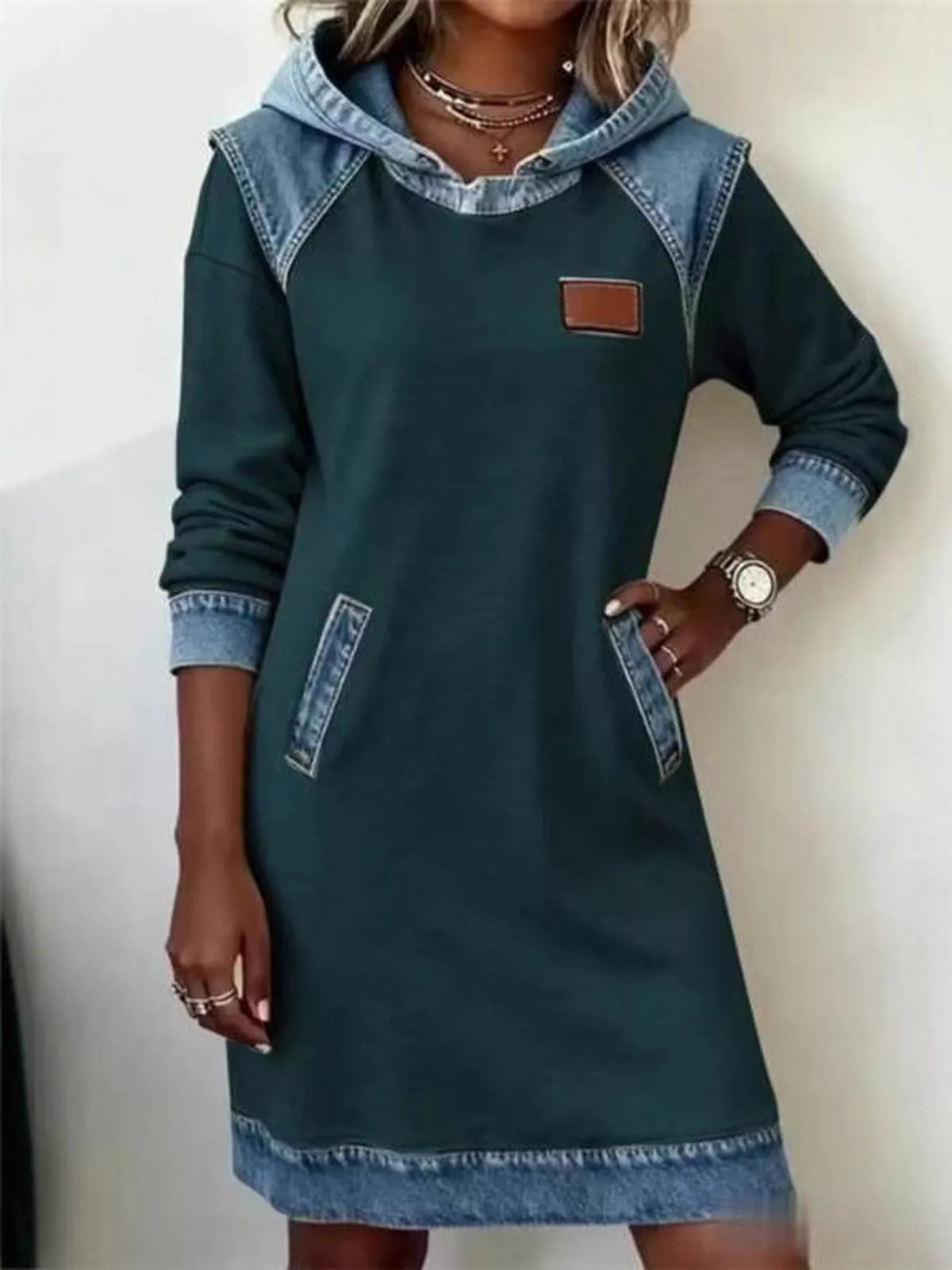 Full Size Denim Patchwork Hooded Sweatshirt Dress Plus Size - Black Forest