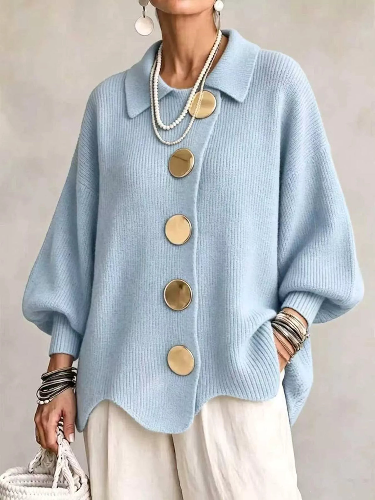 Full Size Gold Buttons Lantern Sleeve Cardigan Plus Size - Sky Blue