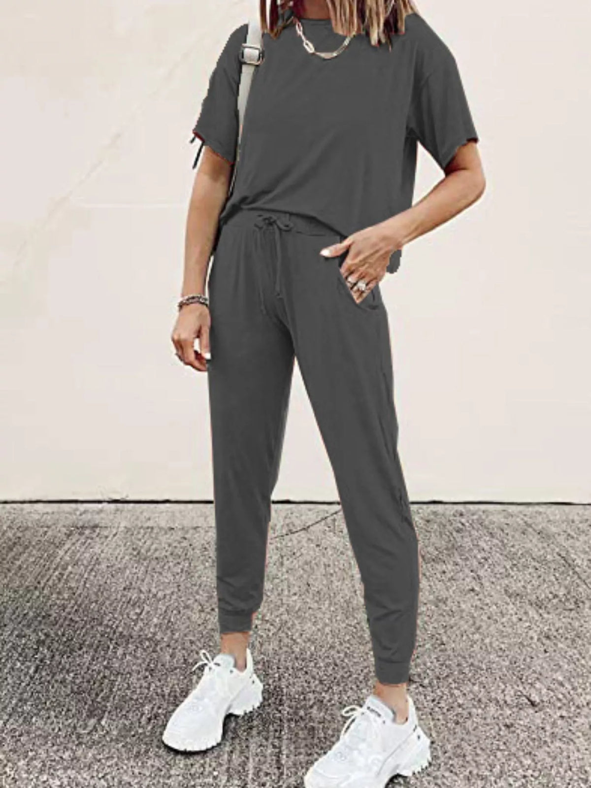 Full Size Round Neck Top and Drawstring Pants Set Plus Size - Dark Gray
