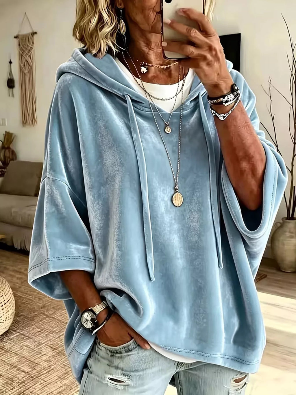 Velvet Loose Fit Hoodie with Drawstring - Blue