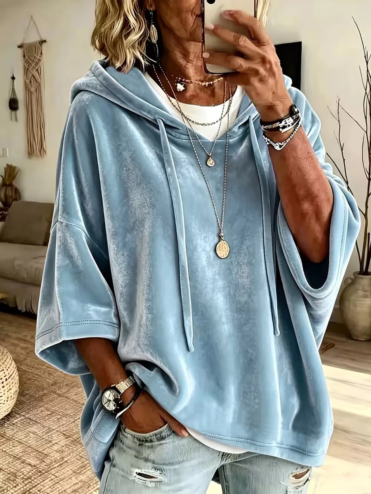 Velvet Loose Fit Hoodie with Drawstring - Blue