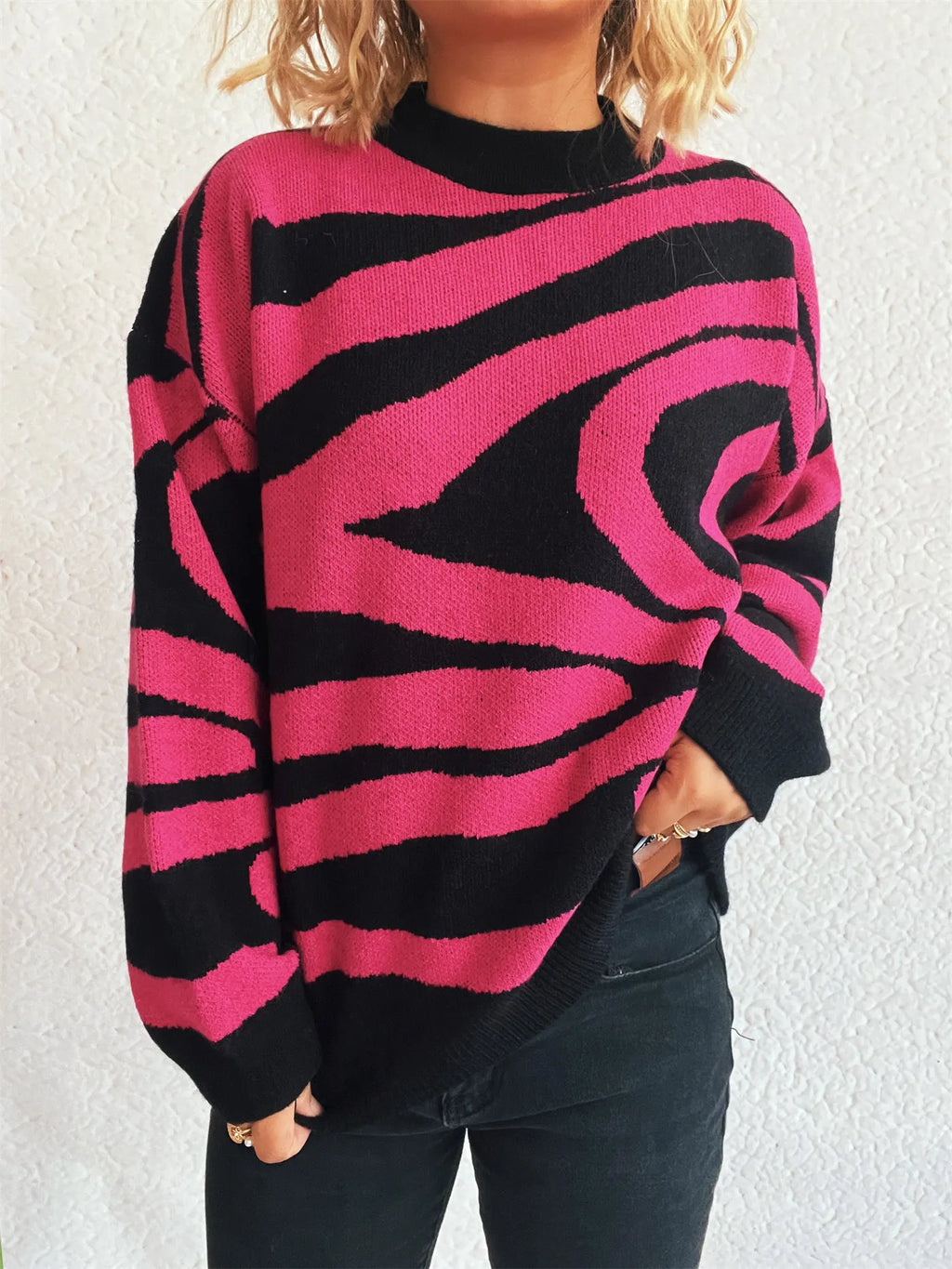 Zebra Print Round Neck Sweater