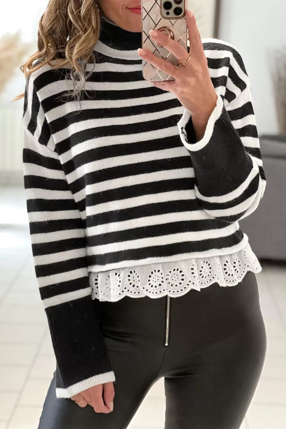 Striped High Neck Contrast Ruffle Detail Casual Sweater