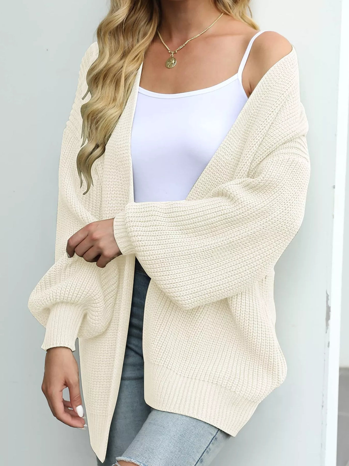 Open-Front Chunky Knit Cardigan - Beige