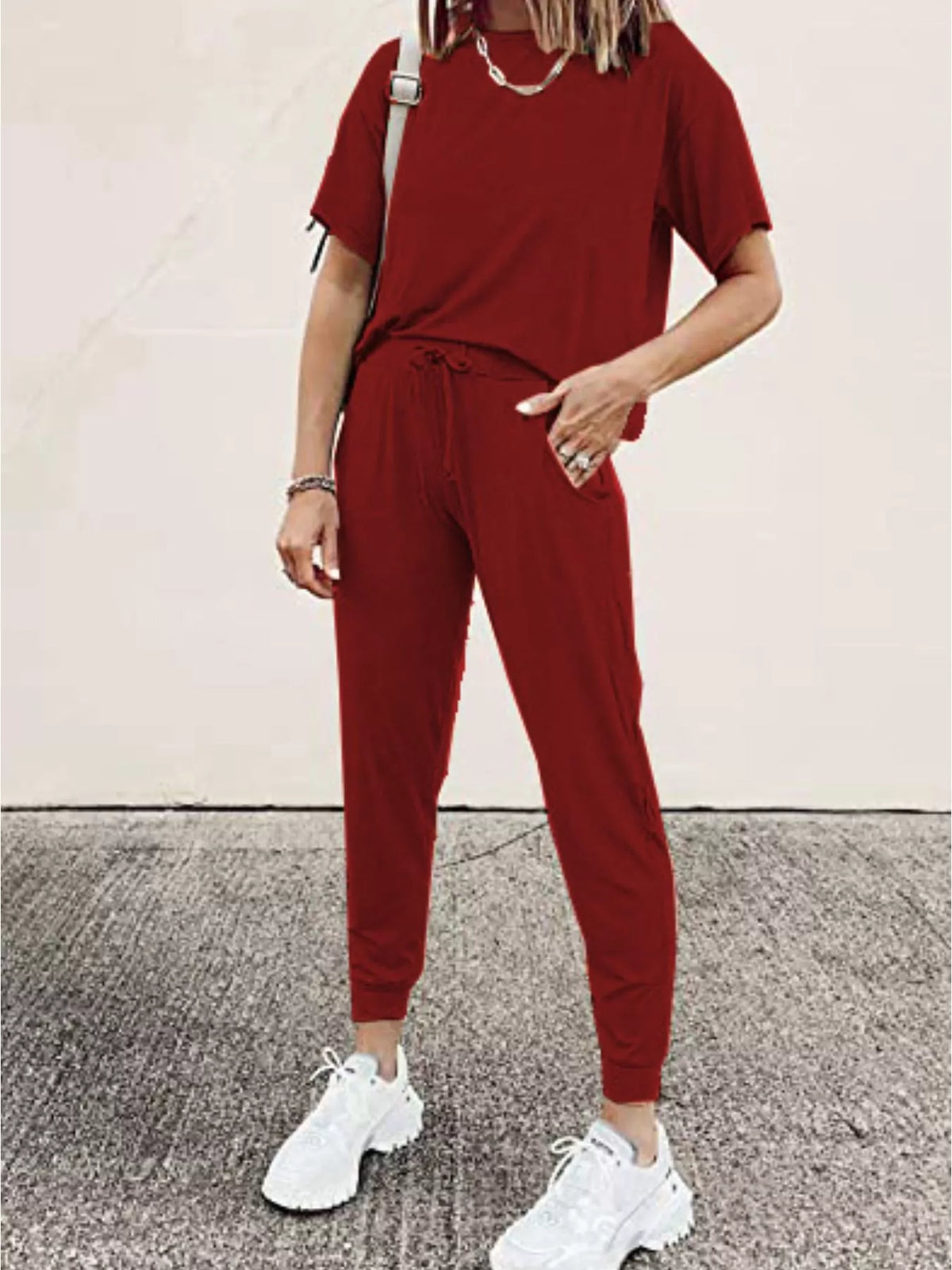 Full Size Round Neck Top and Drawstring Pants Set Plus Size - Burgundy