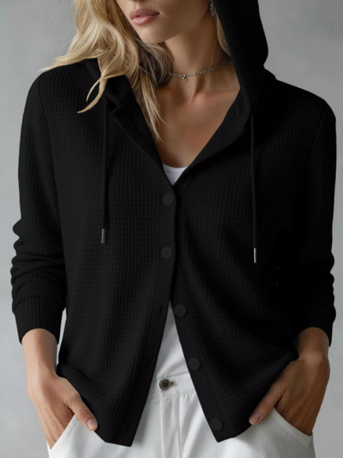 Waffle Knit Button-Down Hooded Cardigan - Black
