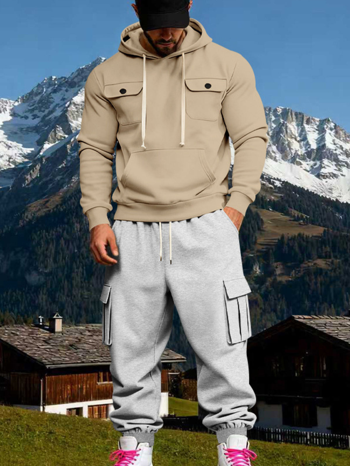 Men's Full Size Kangaroo Pocket Hoodie and Sweatpants Two-Piece Set Plus Size - Tan