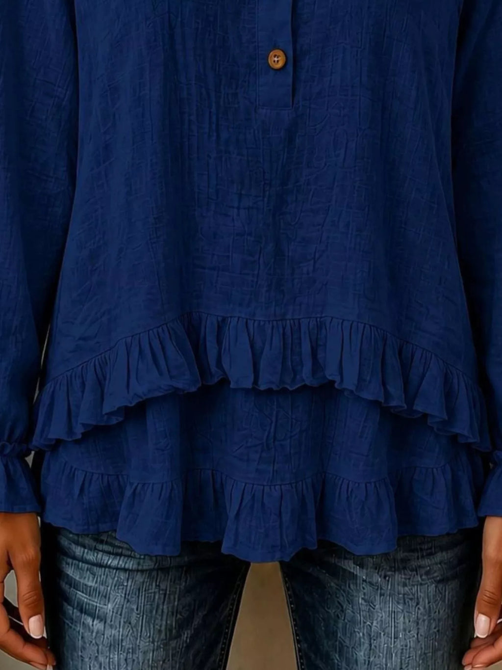V-Neck Long Sleeve Button Detail Ruffled Hem Blouse