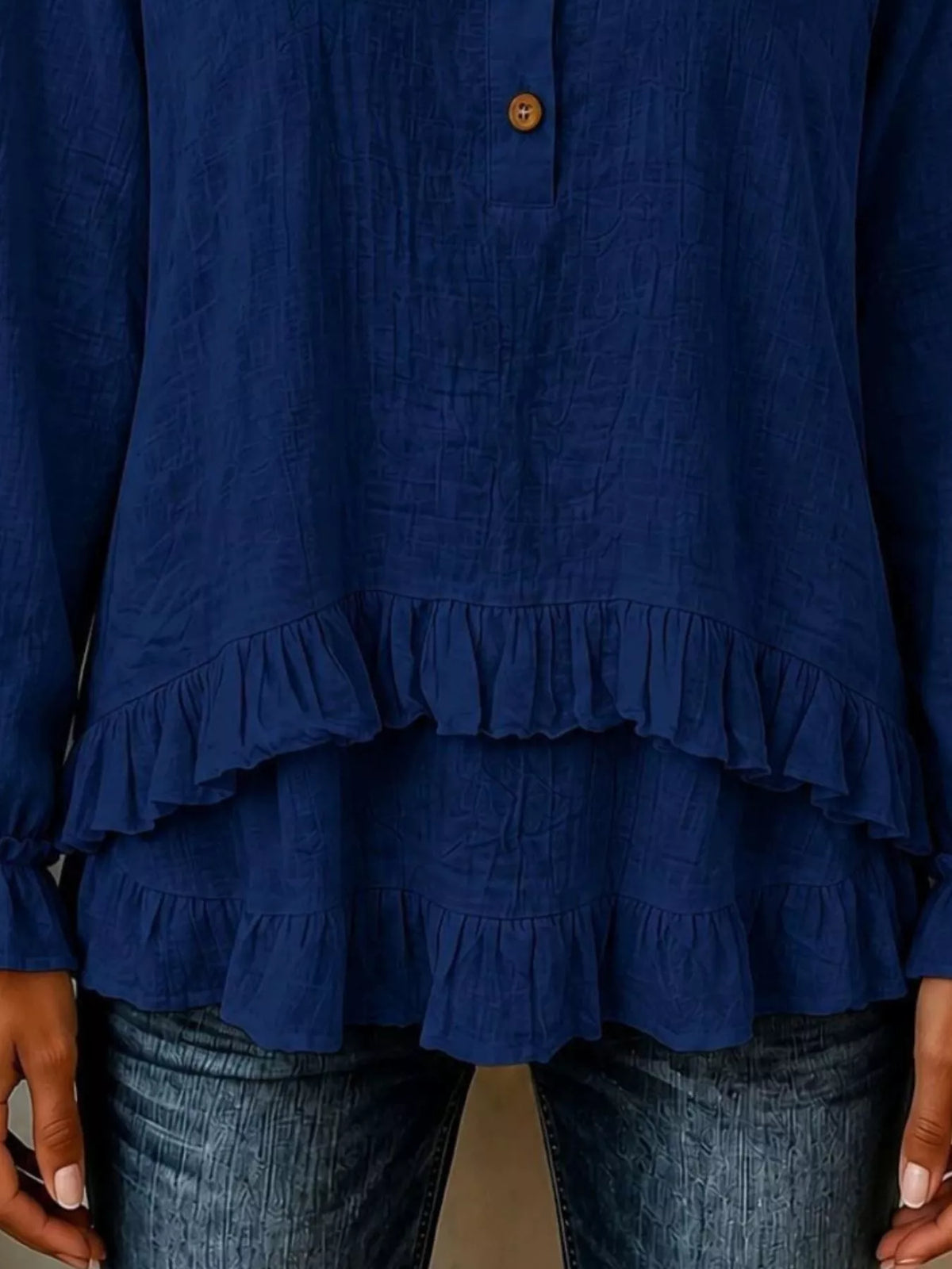 V-Neck Long Sleeve Button Detail Ruffled Hem Blouse