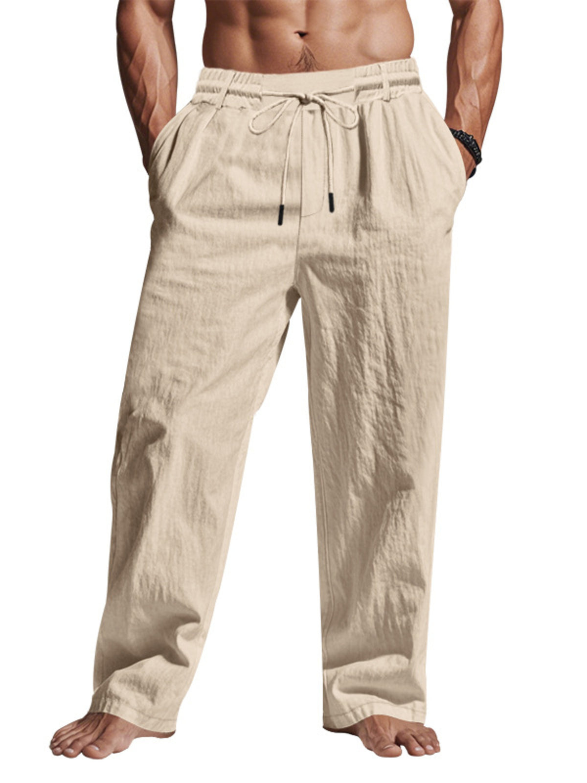 Men's Full Size Drawstring Elastic Waist Loose Fit Pants Plus Size - Khaki