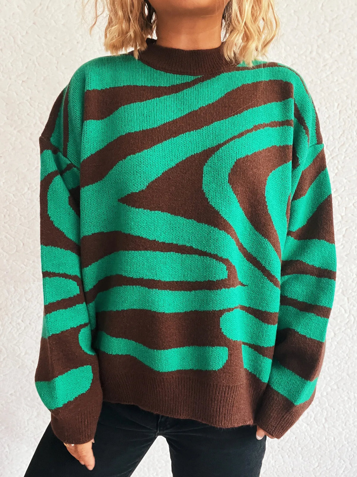 Zebra Print Round Neck Sweater