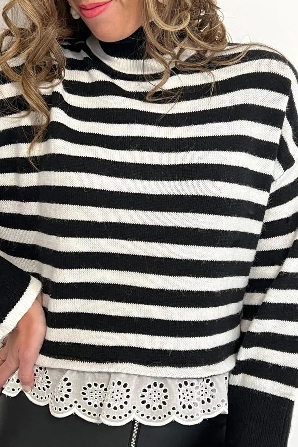 Striped High Neck Contrast Ruffle Detail Casual Sweater
