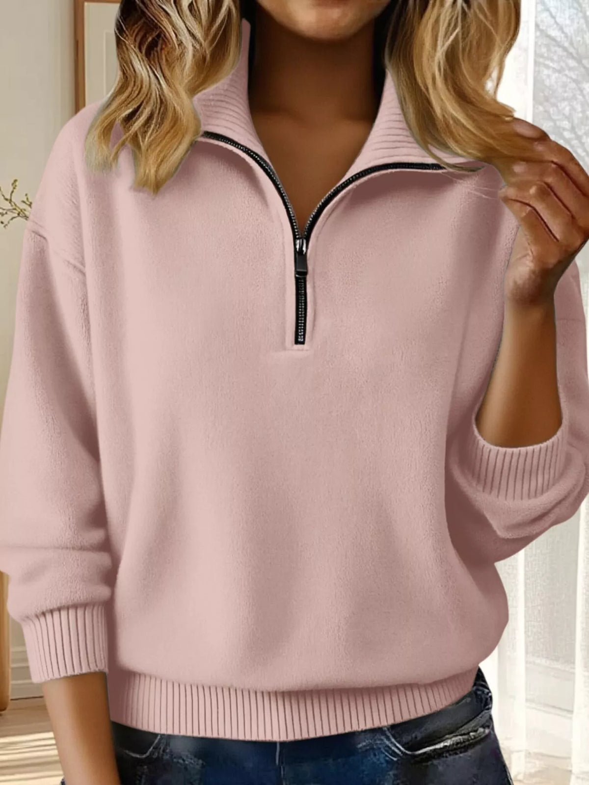 Full Size Half Zip Dropped Shoulder Sweater Plus Size - Pink