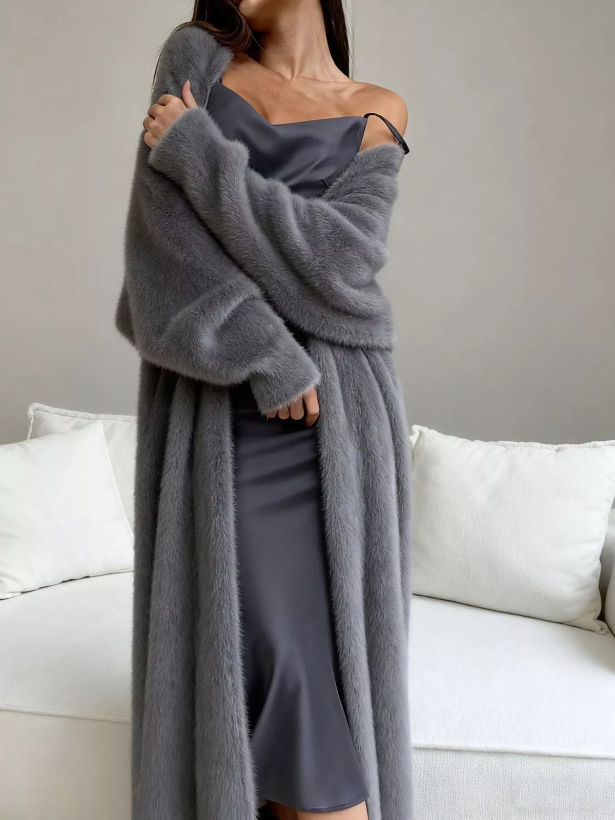 Fuzzy Open Front Longline Cardigan - Gray