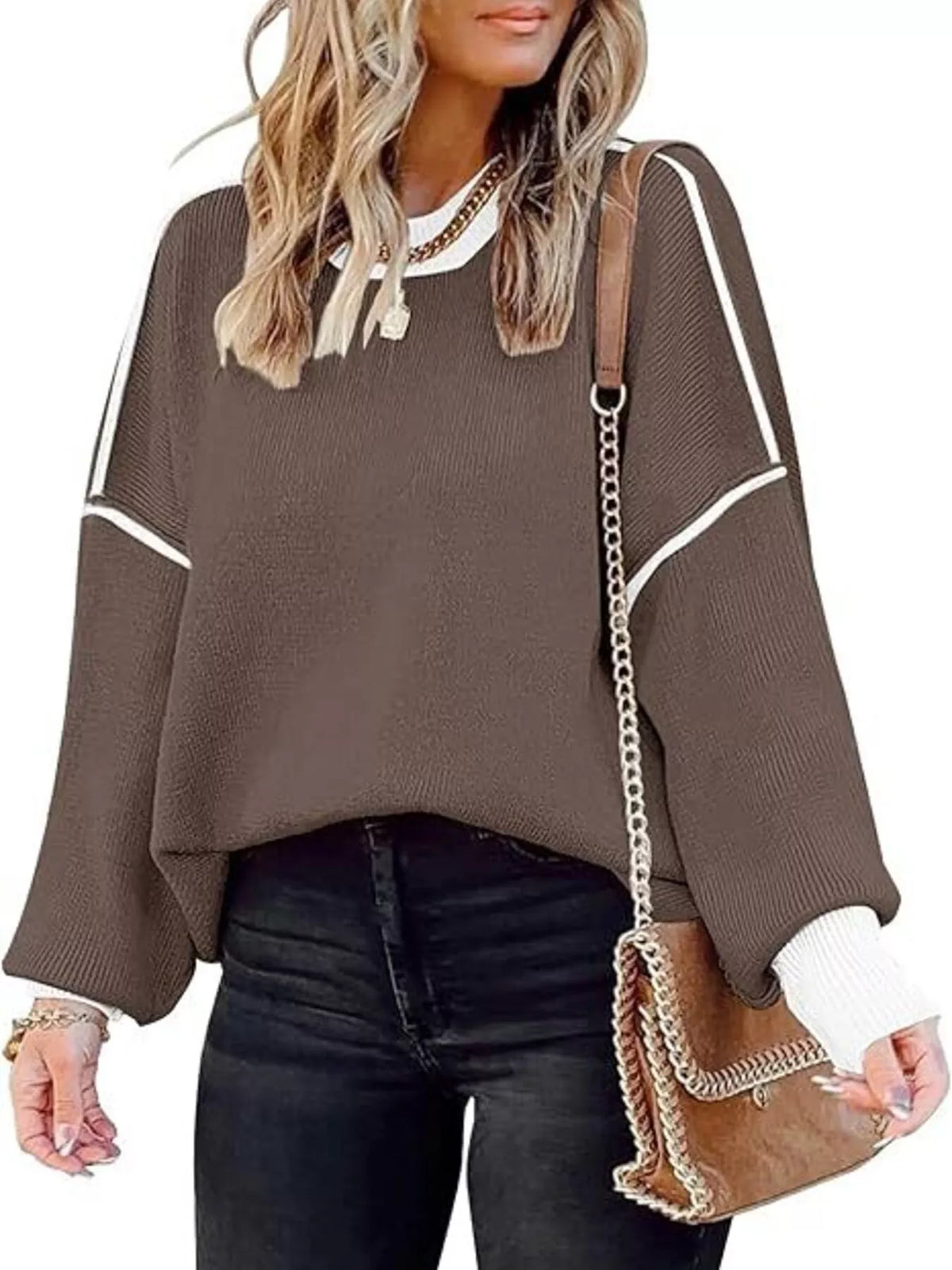 Round Neck Dropped Shoulder Sweater - Coffee