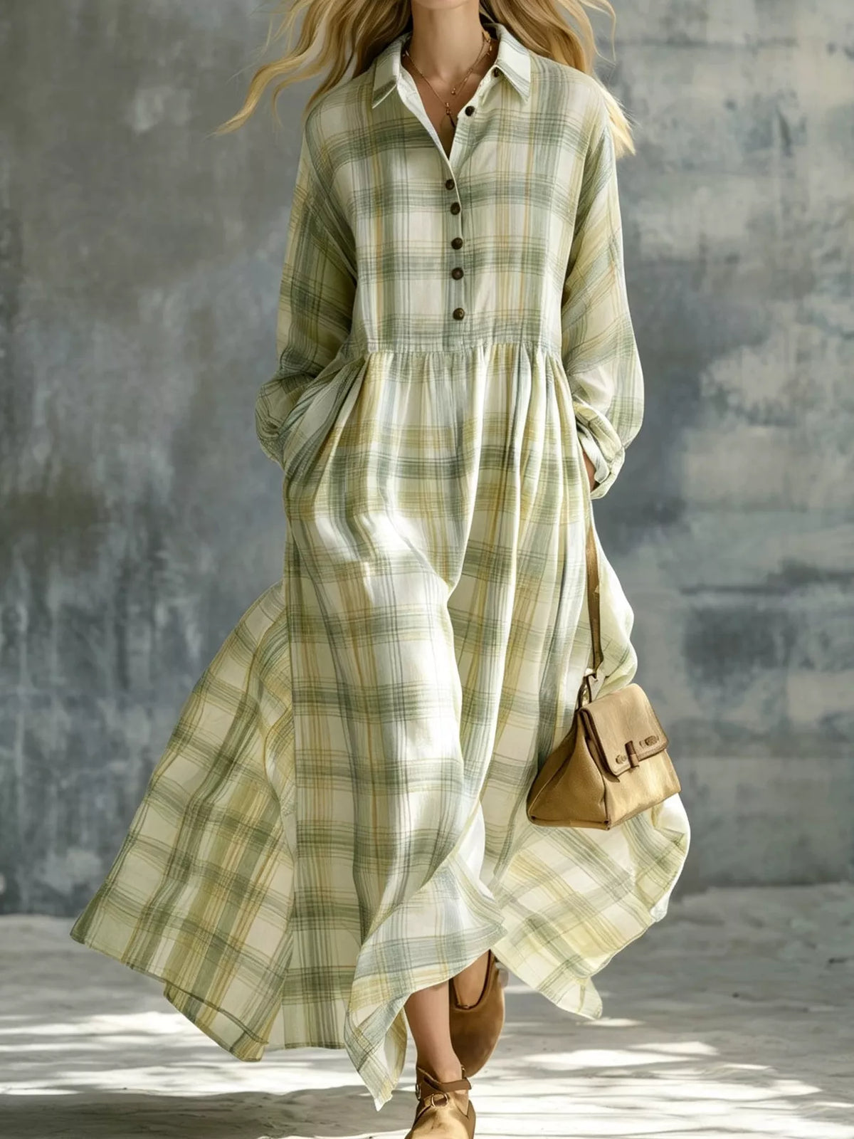 Plaid Button-Down Maxi Shirt Dress - Green
