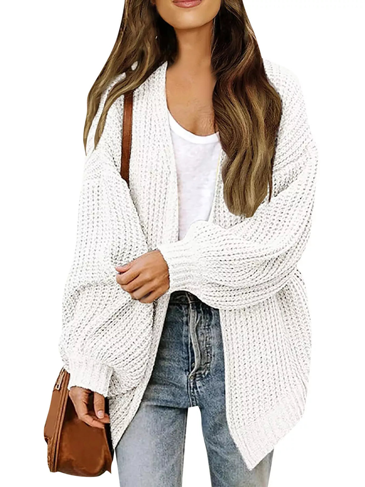 Open-Front Chunky Knit Cardigan - White