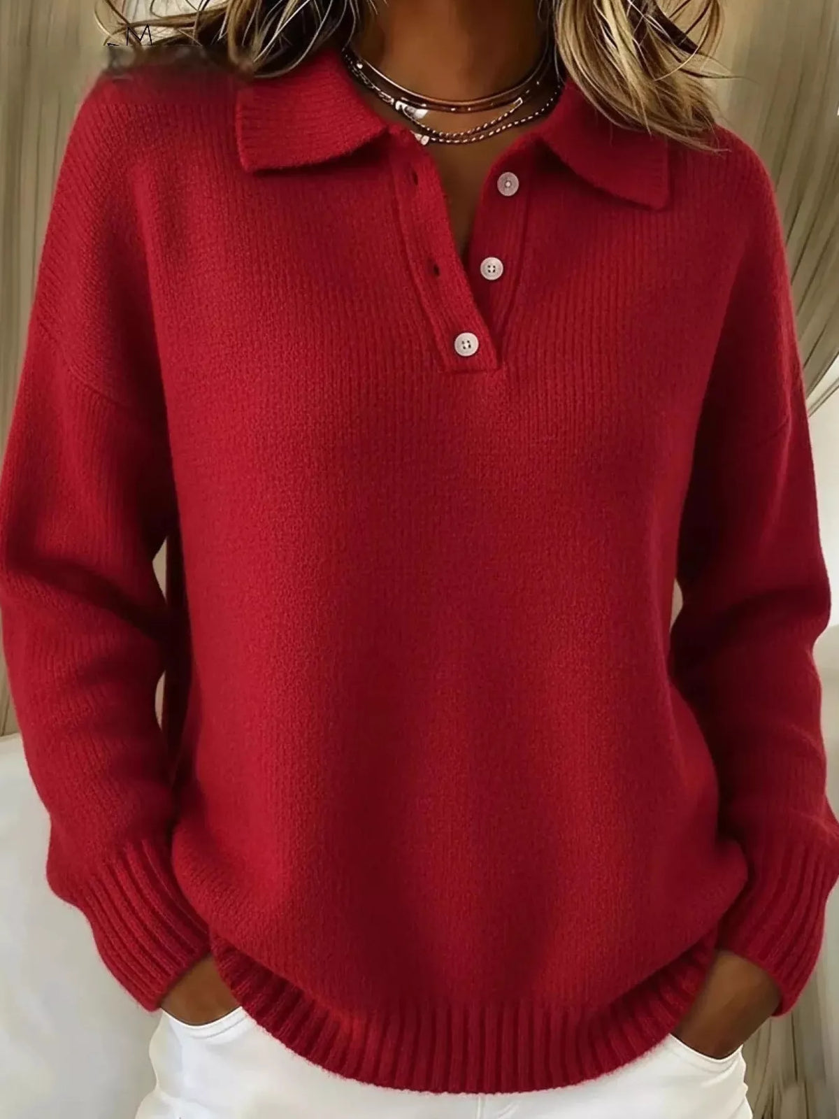 Full Size Button Detail Dropped Shoulder Sweater Plus Size - Red