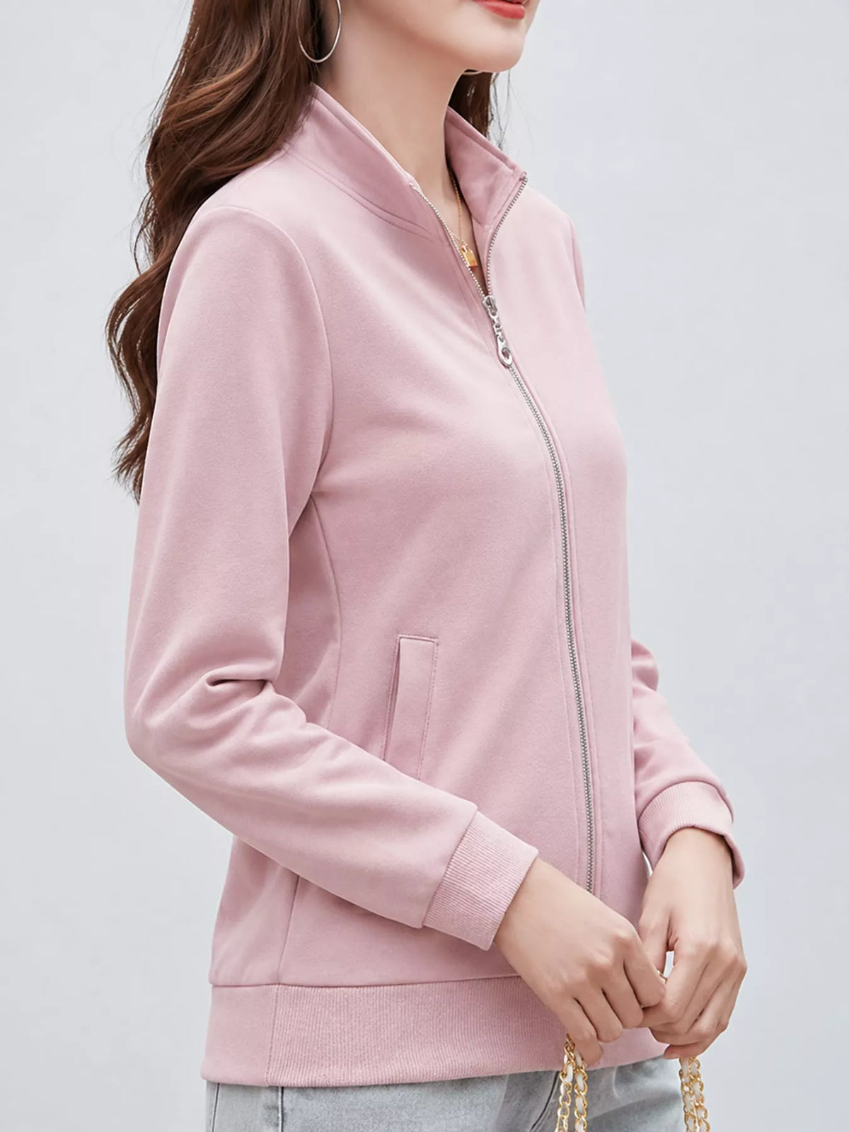 Full Size Stand-Collar Zip-Up Sweatshirt Plus Size