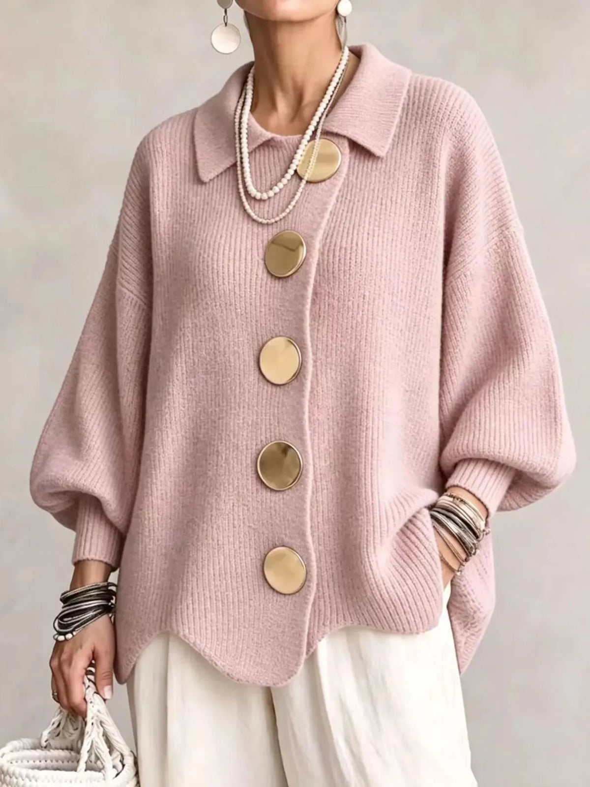 Full Size Gold Buttons Lantern Sleeve Cardigan Plus Size - Pink