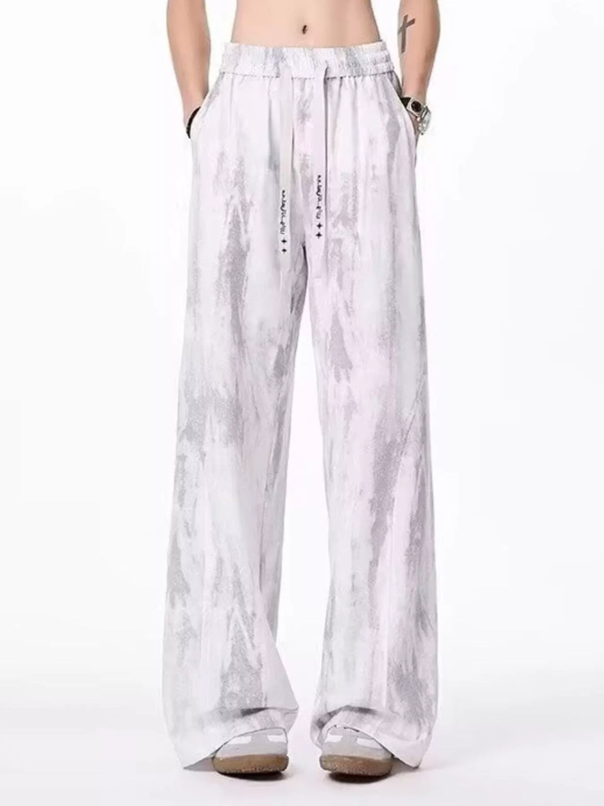 Men's Drawstring Wide-Leg Tie-Dye Casual Pants - White