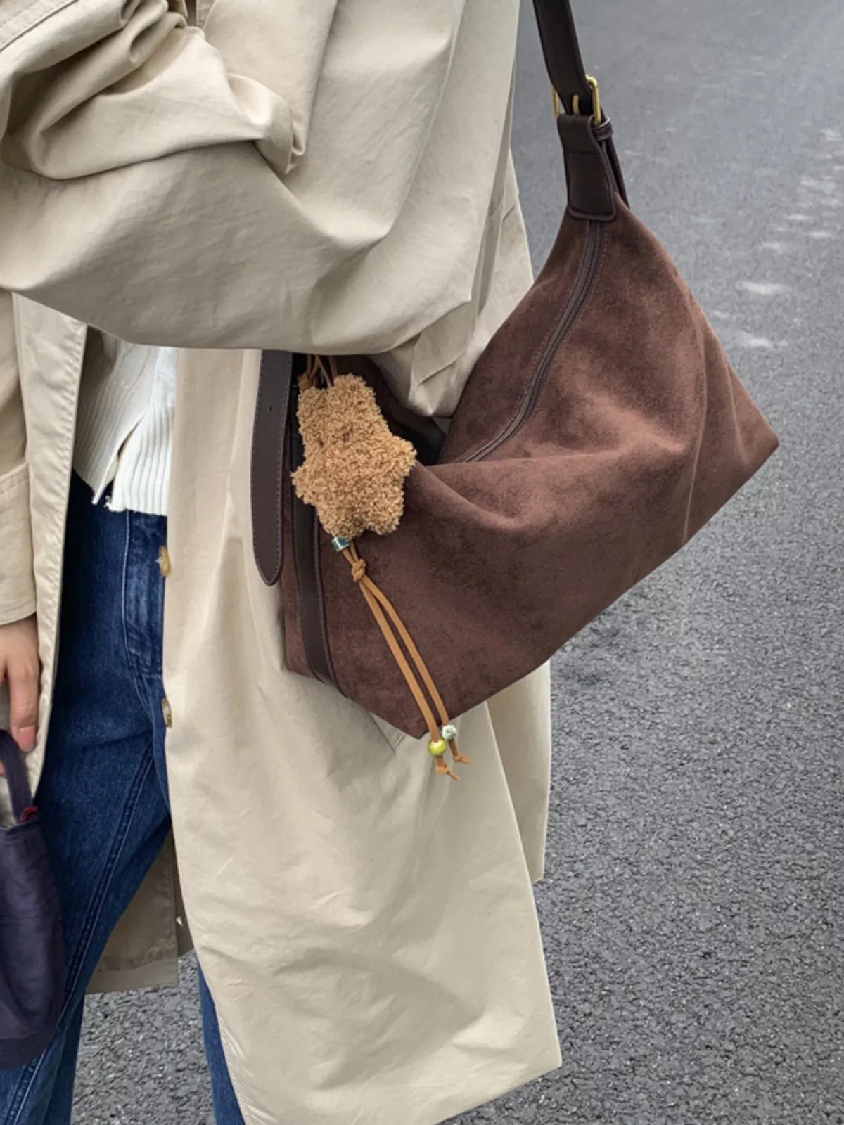 Solid Color Suede Hobo Crossbody Bag - Chocolate