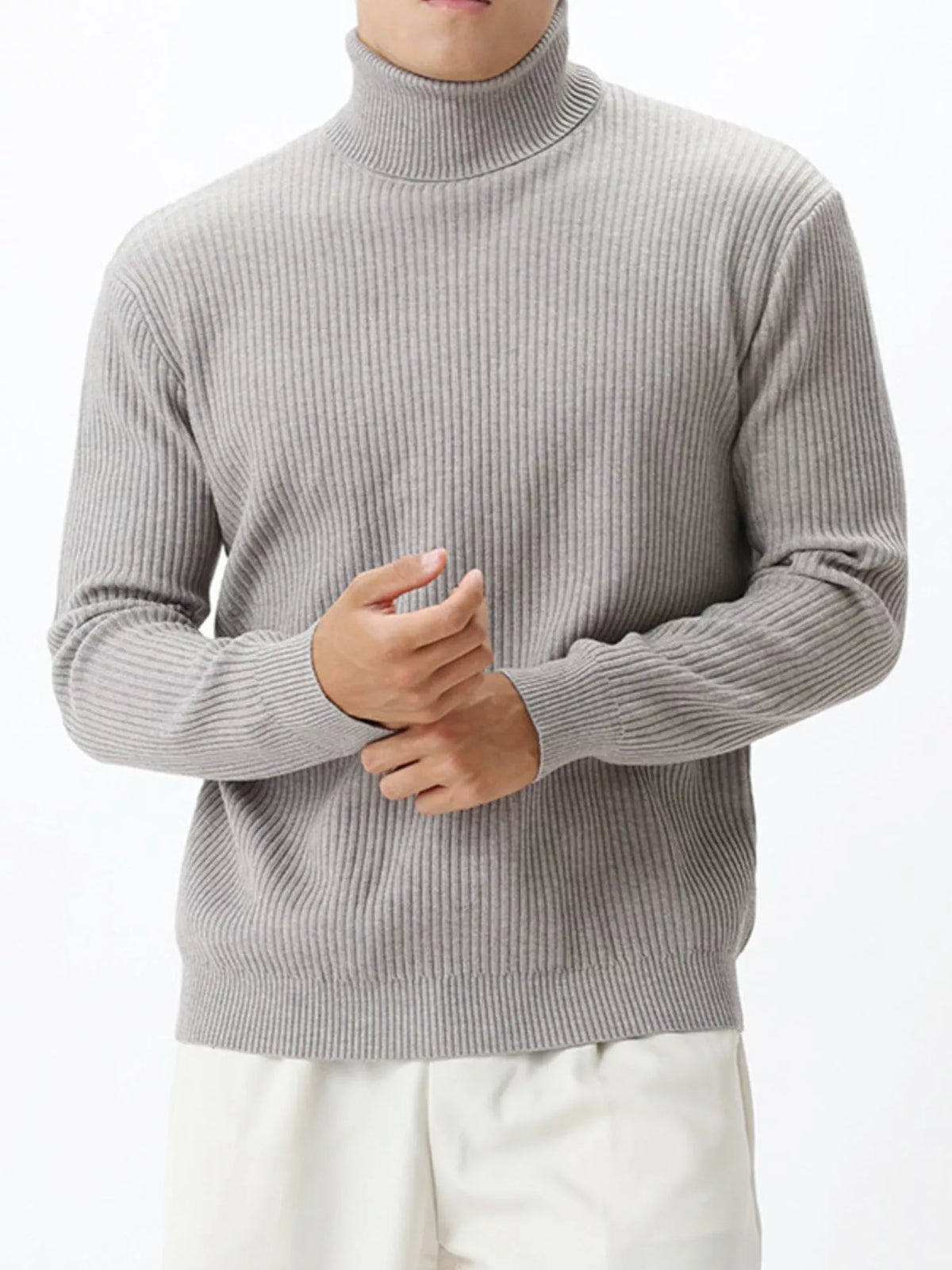 Men's Plus Size Ribbed Knit Turtleneck Sweater - Light Gray