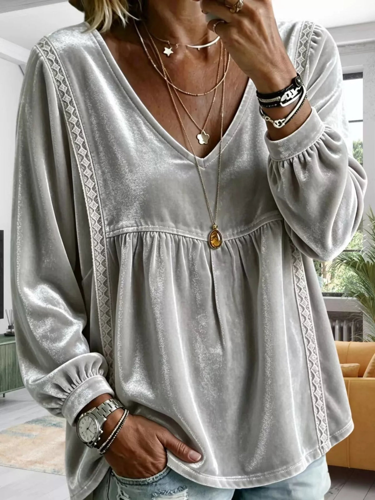 Full Size Velvet Lace Detail V-Neck Blouse Plus Size - Gray