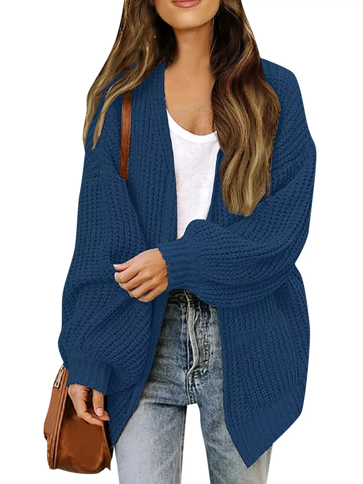Open-Front Chunky Knit Cardigan - Dark Blue