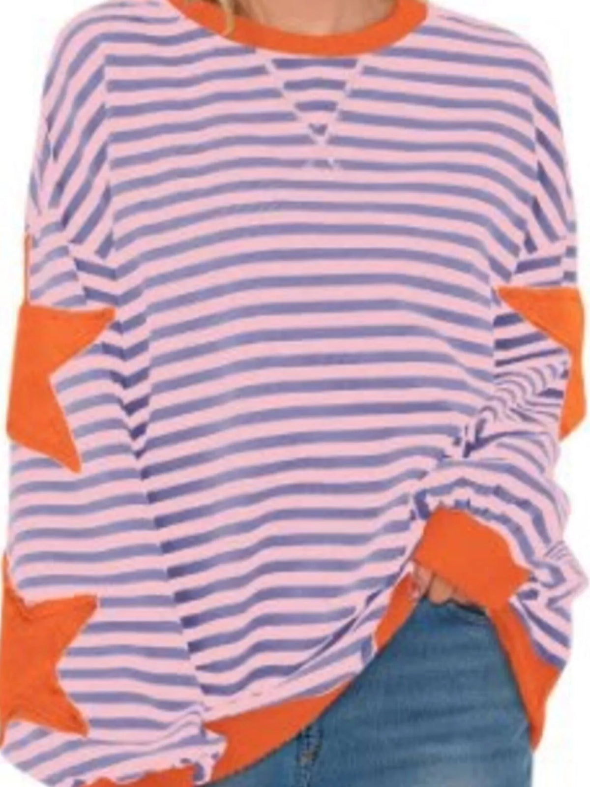 Full Size Star Patch Striped Oversized Sweatshirt Plus Size - Orange