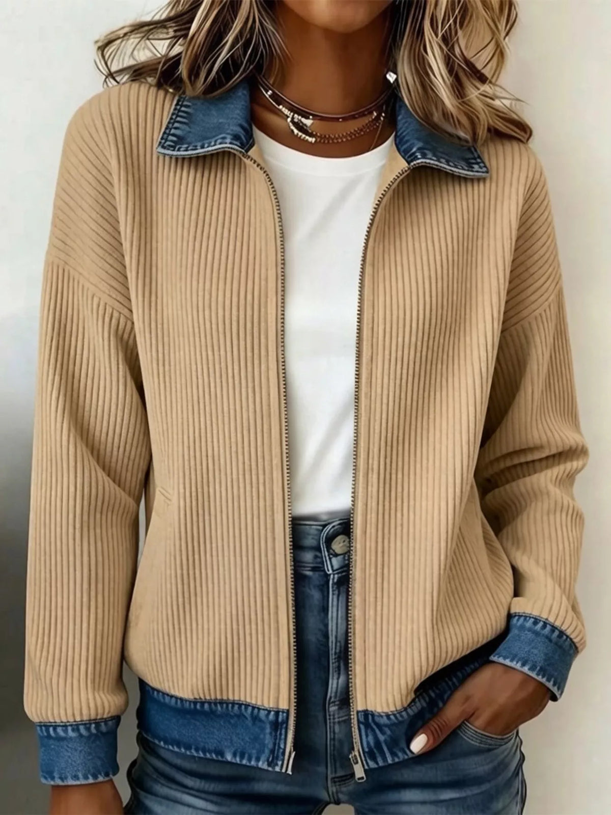 Contrast Denim Collar Ribbed Knit Jacket - Khaki