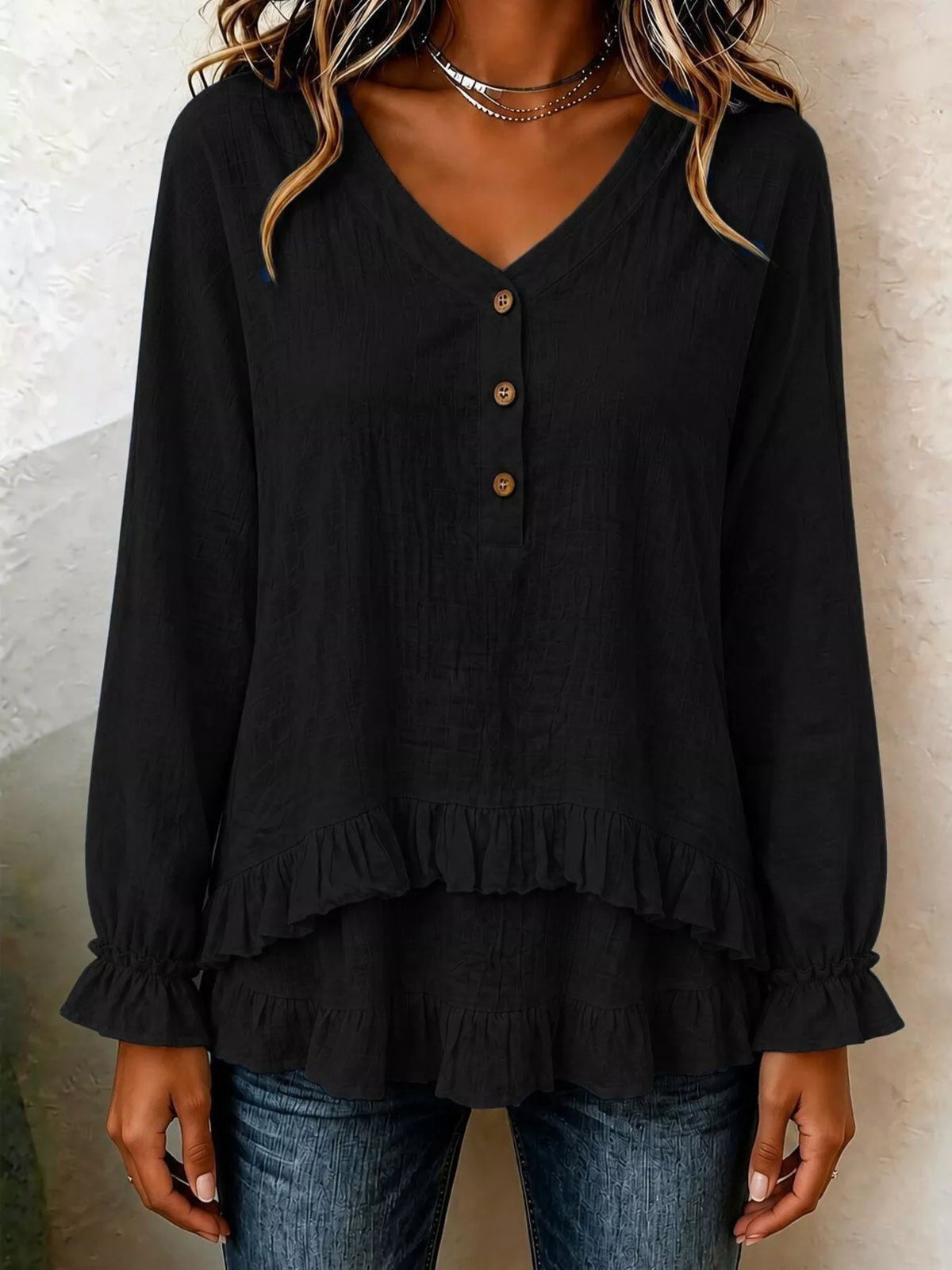 V-Neck Long Sleeve Button Detail Ruffled Hem Blouse - Black