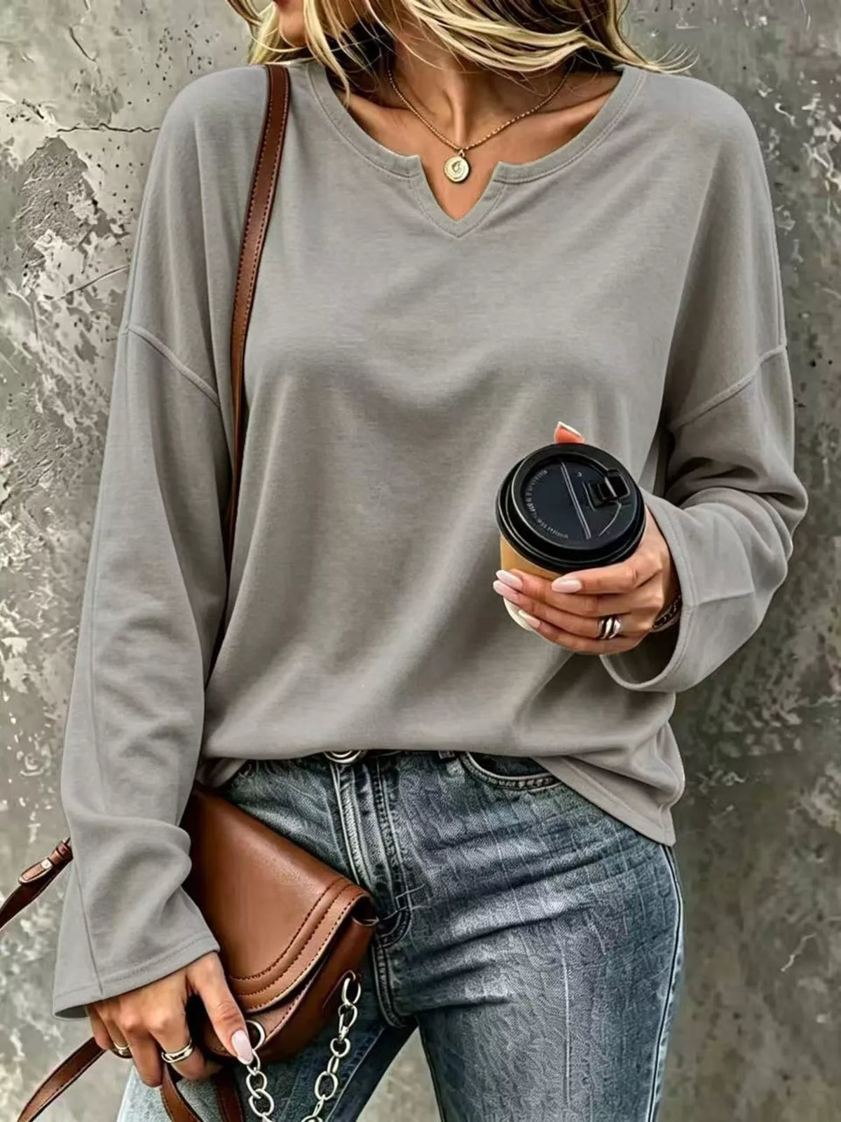 Full Size Solid Color Long Sleeve Loose T-Shirt Plus Size - Gray