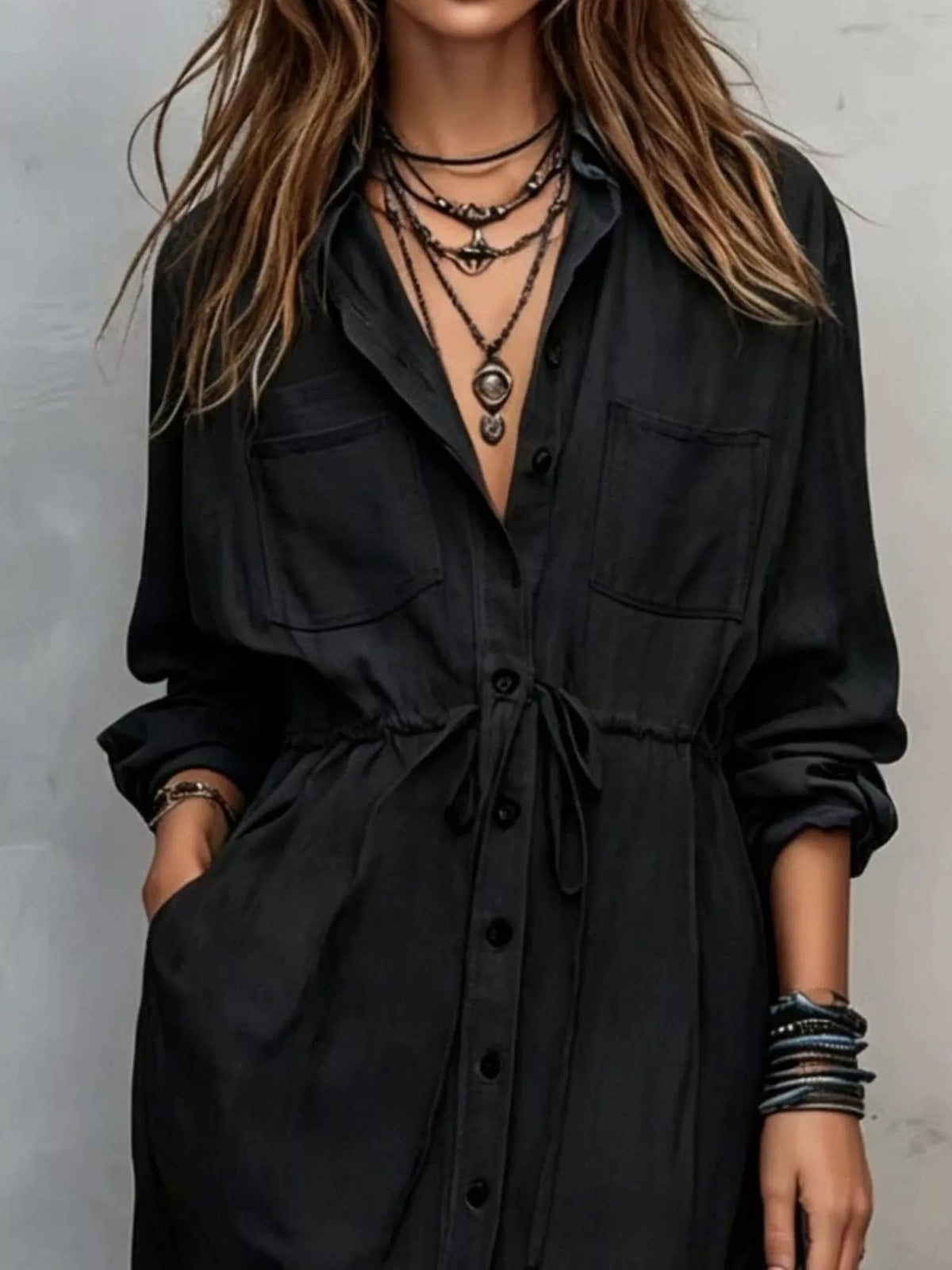 Full Size Button Front Long Sleeve Shirt Dress Plus Size