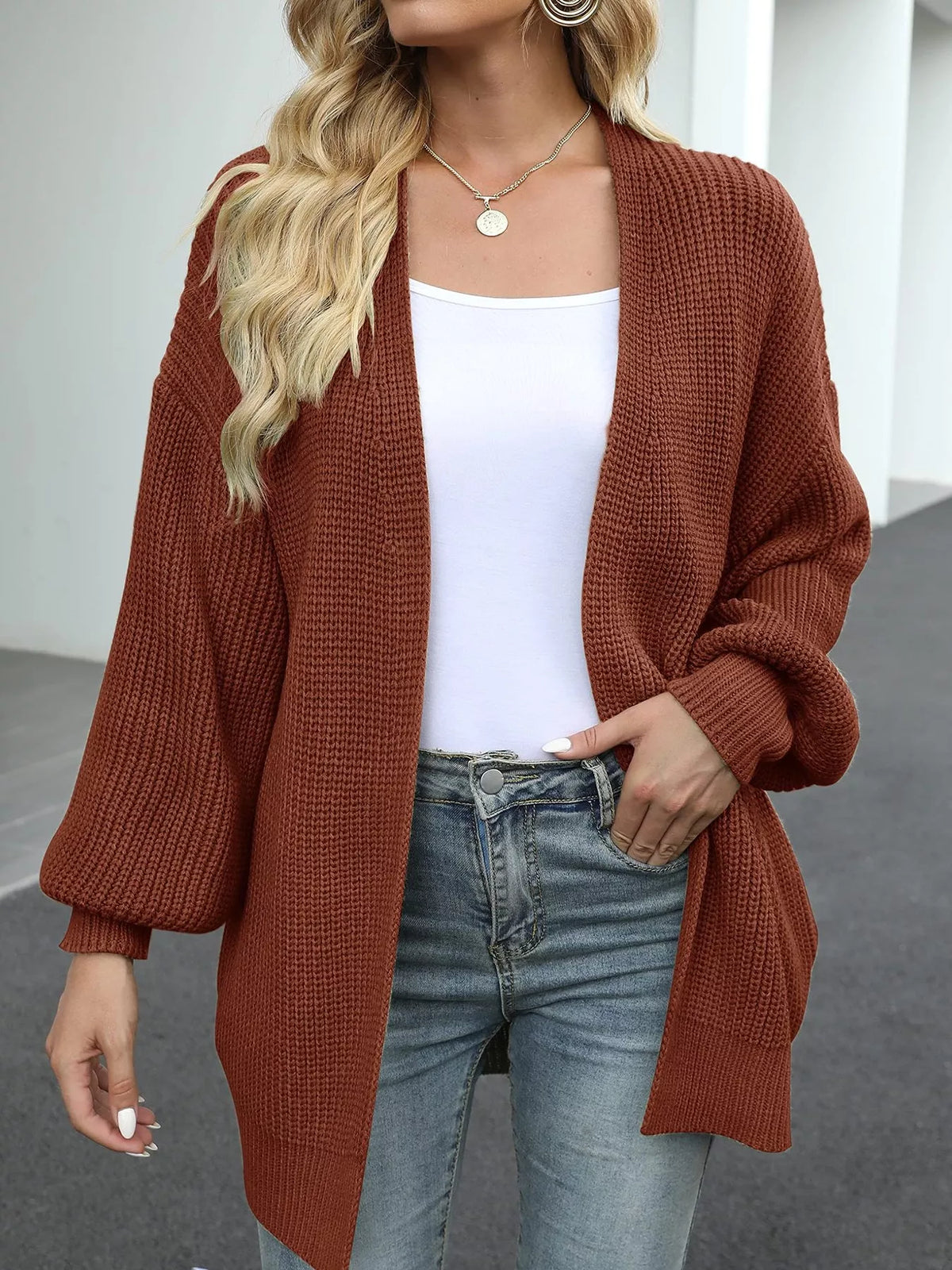 Open-Front Chunky Knit Cardigan - Dark Brown