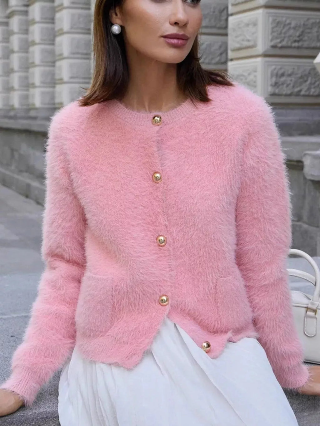 Fluffy Knit Button Up Cardigan - Blush Pink