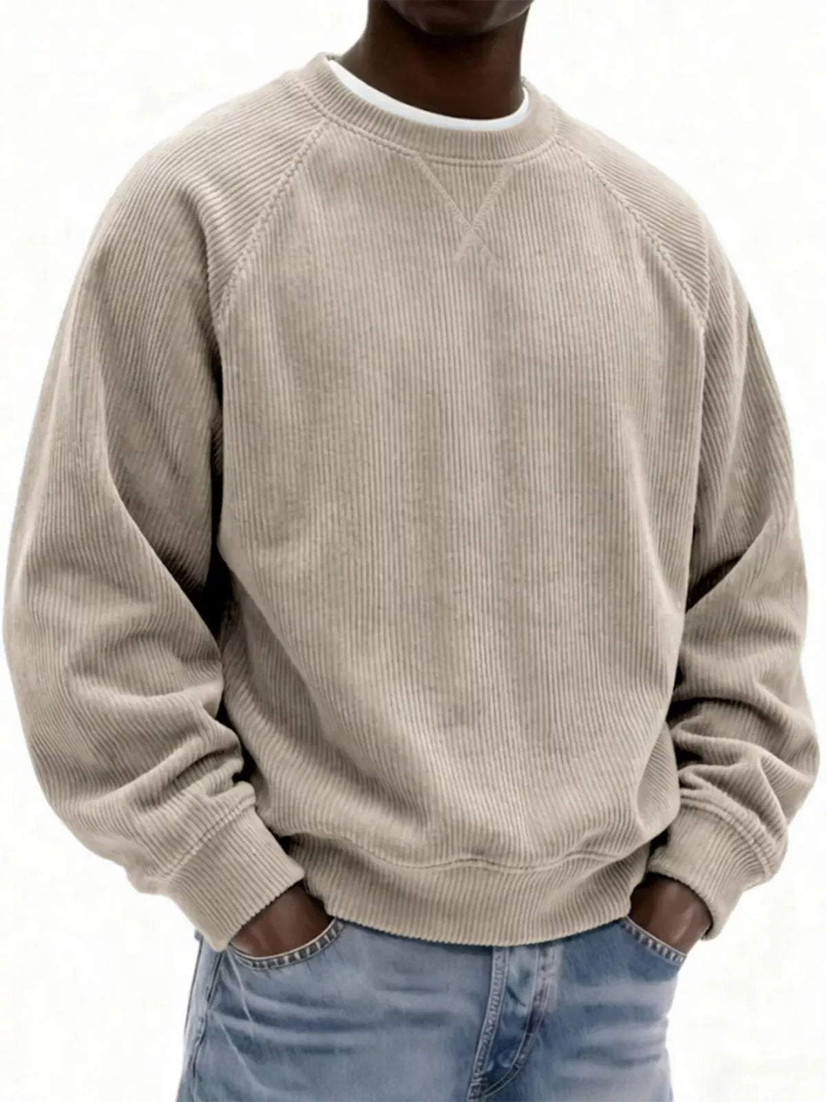 Men's Full Size Corduroy Crew Neck Sweatshirt Plus Size - Light Gray