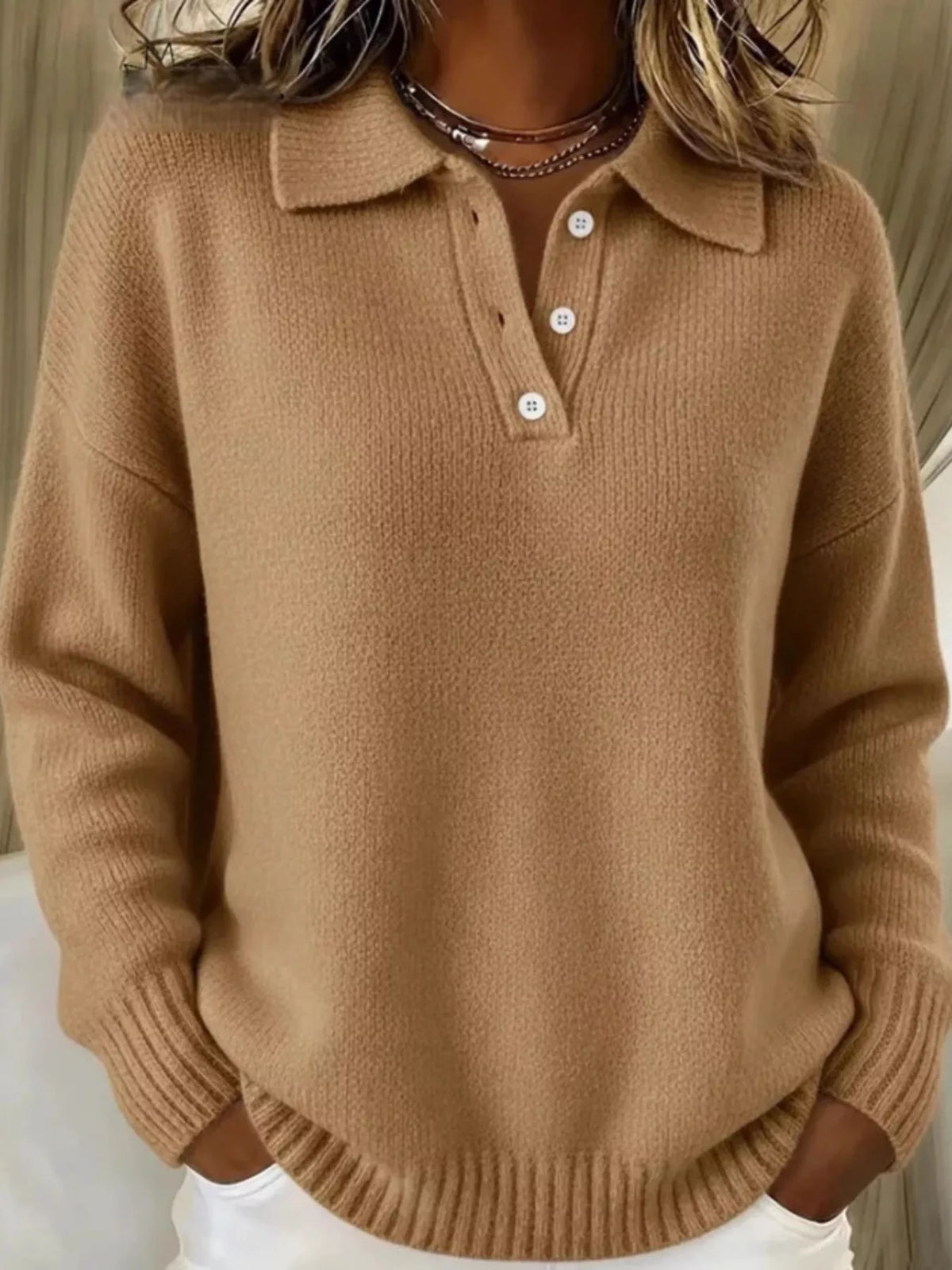 Full Size Button Detail Dropped Shoulder Sweater Plus Size - Khaki Color