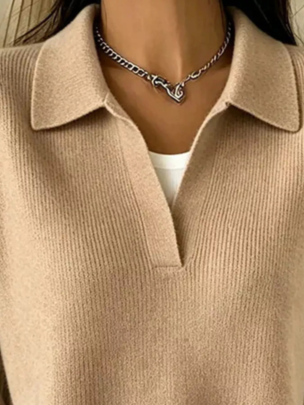 Ribbed Knit Polo Collar Sweater