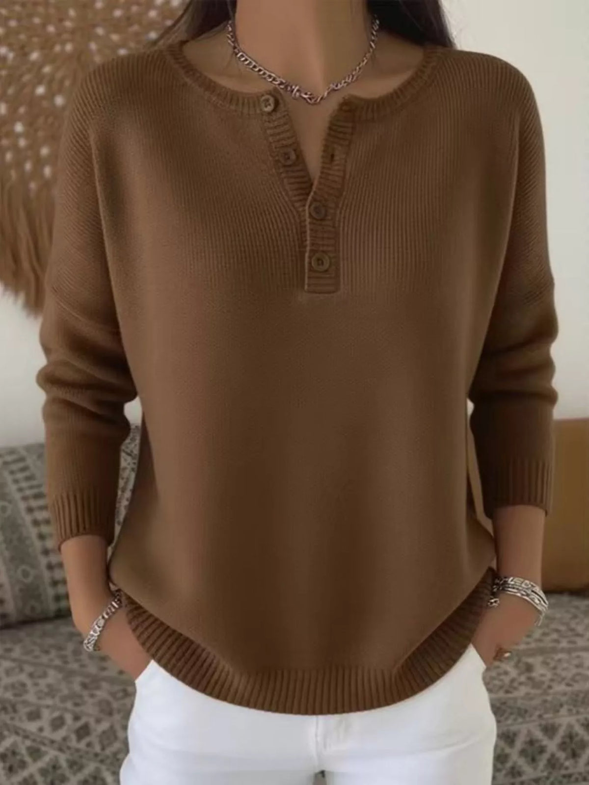 Full Size Button Detail Ribbed Knit Sweater Plus Size - Dark Brown